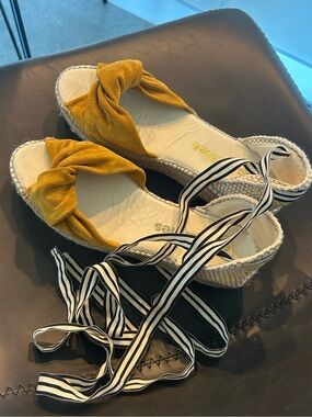 Espadrille Tie-Sandal in Mustard Yellow w/blk & white ribbon